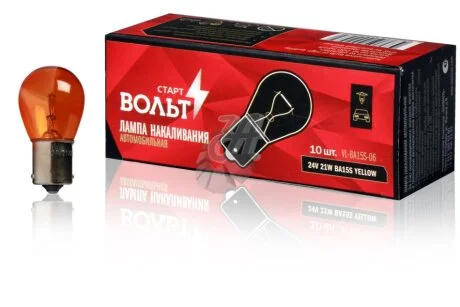 Лампа накаливания 24V PY21W 21W BA15s AMBER (оранж) цоколь (1-конт) (кратно 10) StartVOLT VL-BA15S-06